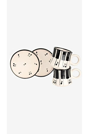 2’li Takım Piyano Desenli El Yapımı kazan Seramik Kahve Fincanı, Kahve Fincanı