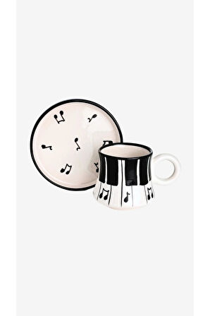 2’li Takım Piyano Desenli El Yapımı kazan Seramik Kahve Fincanı, Kahve Fincanı