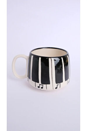 Piyano Desenli El Yapımı Double Seramik Kupa, Seramik Kupa, Mug, Nescafe Kupası, Handmade
