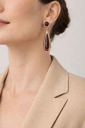 Bordo Taşlı Damla Küpe Gold Renk Kaplama Şık Uzun Küpe