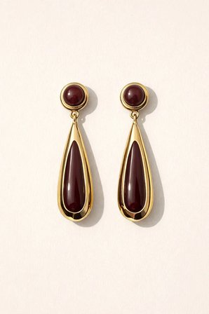 Bordo Taşlı Damla Küpe Gold Renk Kaplama Şık Uzun Küpe