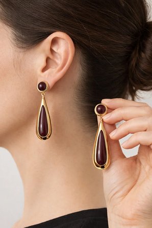 Bordo Taşlı Damla Küpe Gold Renk Kaplama Şık Uzun Küpe