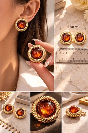 Gold Burgu Çerçeveli Amber Taşlı Küpe 3 cm Vintage Model