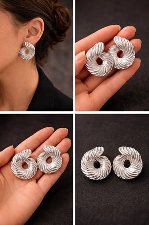 Gümüş Renk Burgu Halka Küpe Modern Spiral Tasarım, Işıltılı Şık Model