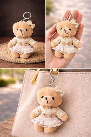 Poyase Peluş Ayıcık Anahtarlık Pastel Elbiseli