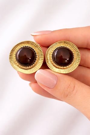 Kadın Kahverengi Taşlı Gold Renk Vintage Küpe Klasik Yuvarlak Desenli Şık Kadın Küpesi