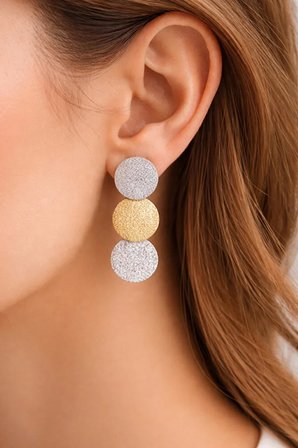 Dokulu Üçlü Disk Küpe Altın ve Gümüş Ton Modern Kadın Küpe