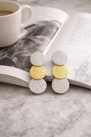 Dokulu Üçlü Disk Küpe Altın ve Gümüş Ton Modern Kadın Küpe