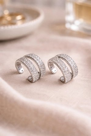 Poyase Çift Sıra Taşlı İğnesiz Kıkırdak Küpe Parlak Zirkon Detaylı Ear Cuff
