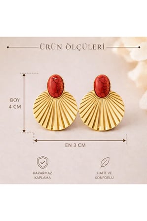 POYASE Yelpaze Küpe Altın Rengi Mercan Renkli Doğal Taş Görünümlü Kararmaz Kaplama 4 cm Boy