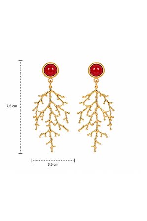 Kırmızı Taş Detaylı Deniz Mercanı Formlu Gold Küpe Vintage Şık Tasarım Sallantılı Kadın Küpe