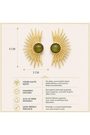 Poyase Kadın Küpe Güneş Tasarım Yeşil Taşlı Gold Kaplama