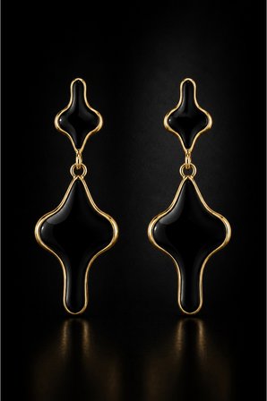 Siyah Parlak Taş Görünümlü Gold Detaylı Sallantılı Kadın Küpe | Şık ve Modern Tasarım