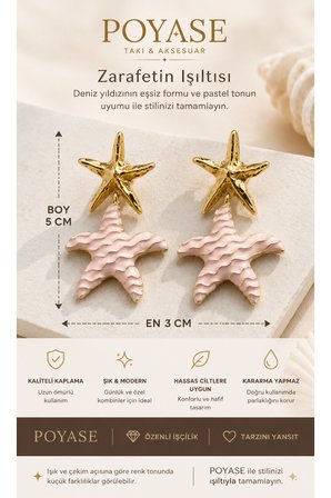 Pudra Pembe Deniz Yıldızı Sallantılı Küpe Yaz Temalı Gold Kaplama Şık Kadın Küpe