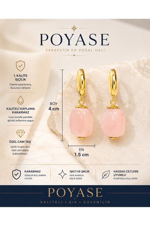 Pembe Taşlı Gold Halka Küpe Sallantılı Kare Taşlı Şık Kadın Küpe