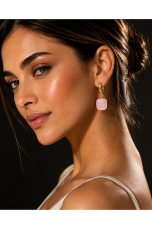 Pembe Taşlı Gold Halka Küpe Sallantılı Kare Taşlı Şık Kadın Küpe