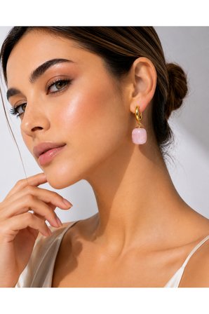 Pembe Taşlı Gold Halka Küpe Sallantılı Kare Taşlı Şık Kadın Küpe