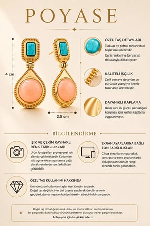 Bordo Turuncu ve Yavruağzı Taş Detaylı Damla Küpe Özel Tasarım Şık Küpe