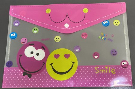 Smile Emoji Desenli Pembe Şeffaf Çıtçıtlı Dosya Evrak Tutucu A4 Boyut