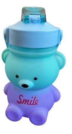 Smile Ayıcık Figürlü Çocuk Su Matarası Pipetli Kapaklı Turkuaz Mor Renk Geçişli 500ml
