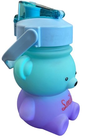 Smile Ayıcık Figürlü Çocuk Su Matarası Pipetli Kapaklı Turkuaz Mor Renk Geçişli 500ml
