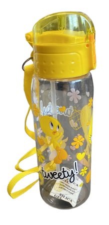 Tweety Temalı Şeffaf Plastik Matara Su Şişesi Sarı Kapaklı Askılı 500ml Looney Tunes