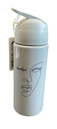 Beyaz Termos Su Şişesi Beautiful Yüz Desenli Paslanmaz Çelik Vakumlu Matara 350ml