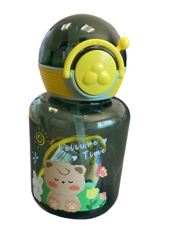 Leisure Time Çocuk Su Matarası Astronot Kapaklı Yeşil Plastik Pipetli Sevimli Ayıcık Desenli 500ml