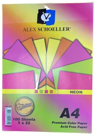 Alex Schoeller A4 Neon Renkli Kağıt 100 Yaprak 5x20 Premium Asitsiz Fotokopi Kağıdı ALX-837 Rainbow