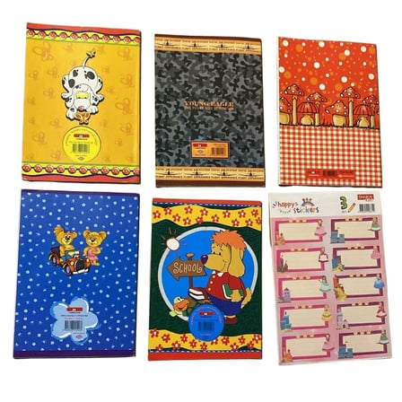 Okul Defteri Seti 5 Adet + Happy Stickers Etiket - Çocuk Okul Defteri Karışık Desenli Türk Malı