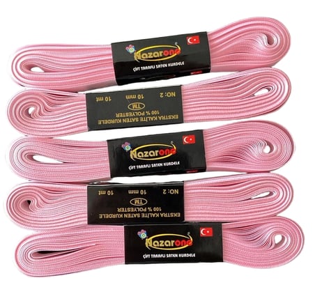 Nazarone Çift Taraflı Saten Kurdele Pembe 10mm x 10mt No:2 100% Polyester Ekstra Kalite 5 Adet