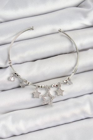 Pirinç Zirkon Taşlı Yıldız Model Gümüş Renk Charm Bileklik