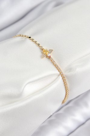 Pirinç Zirkon Taşlı Arı Model Ezme Zincir Gold Renk Kadın Bileklik