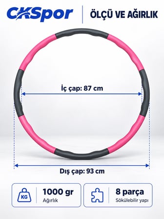 CKSPOR Hulahop 93 cm 1000 gr 8 Parçalı Dalgalı İç Yüzeyli Egzersiz Çemberi Pembe-Gri