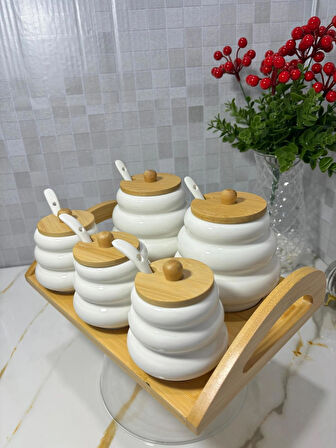  5'li Standlı Bambu kapaklı Porselen Baharatlık