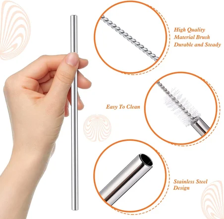 Ekstra Uzun Paslanmaz Çelik Pipet Seti – 3 Parça (Eğri + Düz + Fırça)