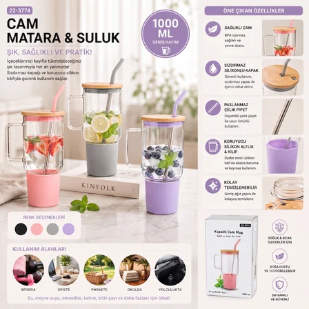 1000 Ml Cam Matara Kupa Bardak - Bambu Kapaklı - Silikon Kılıflı - Çelik Pipetli