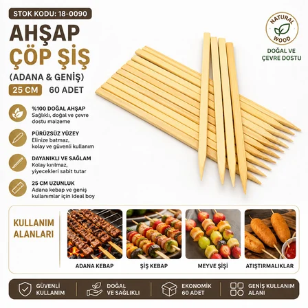 60 Adet Ahşap Geniş Çöp Şiş - Adana Kebap Şişi - 25 Cm