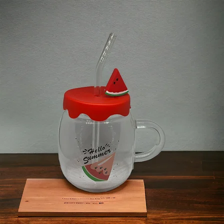 Karpuz Tasarımlı  Cam Kupa Bardak - 450 ml - Silikon Kapaklı - Pipetli