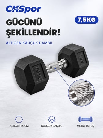 CKSPOR 7,5 Kg Altıgen Kauçuk Dambıl Hex Dumbbell Fitness Kuvvet Antrenmanı Ağırlığı