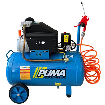 Puma Hava Kompresörü 50 lt (Yağlı) 50 litre Kompresör 5 metre hava hortumu ve Hava Tabancası HEDİYE