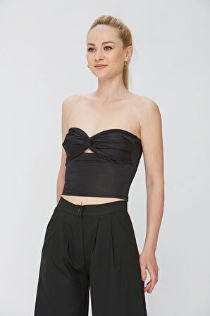 Siyah Kumaş Kadın Ultra Soft Straplez Crop Bluz