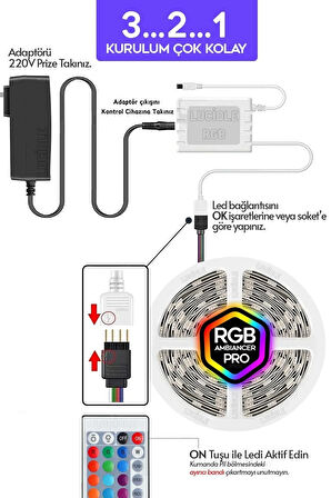 3 Metre Rgb Led Tak Çalıştır 16 Renkli 4 Animasyonlu Tv Arkası Led Yatak Odası abajur Bilgisayar