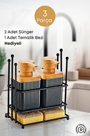  Ahşap Desenli Metal Standlı Bulaşık Deterjanı Sıvı Sabunluk Mutfak Seti-Sünger ve Bez Hediyeli