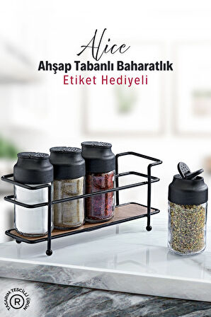 Alice Ahşap Tabanlı Metal Standlı 4'lü Çift Kapaklı Cam Baharatlık Seti - Tuzluk Biberlik Peçetelik