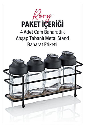 Alice Ahşap Tabanlı Metal Standlı 4'lü Çift Kapaklı Cam Baharatlık Seti - Tuzluk Biberlik Peçetelik