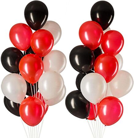 30 Adet Kırmızı-Pastel Siyah- Beyaz Metalik Balon
