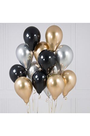 30 Adet  Parti Balonu  - Gold - Gümüş Pastel Siyah Metalik Balon