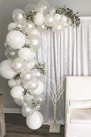 Pastel Beyaz Metalik Beyaz Şeffaf Balon Düğün Zinciri 50 Adet + 5 mt balon zinciri