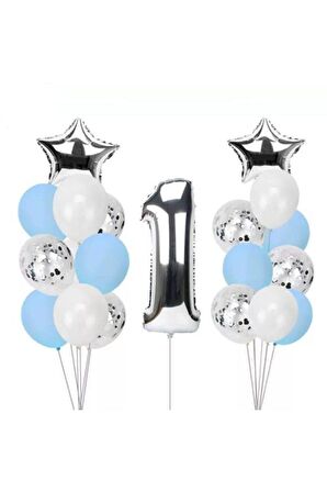 1 Yaş Konfetili Mavi-Beyaz-Şeffaf Balon Seti Doğum Günü Parti Seti 